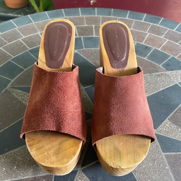 Zara Wooden Heels Size 7 in Chestnut Brown Suede - Picture 2 of 4